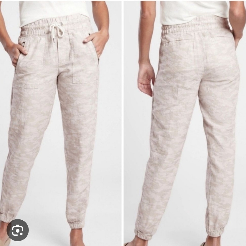 Athleta Women's Cabo Tide Linen Jogger Pants Neutral Camo Travel Outdoor Size 8